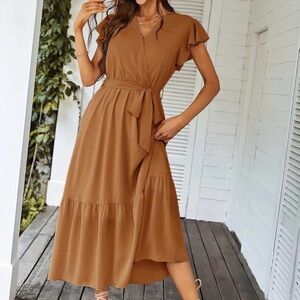 Pretty Garden Elegant Brown Midi Dress with waist belt size small